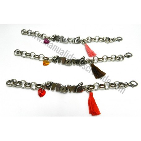 Pulsera Zamak Mama con cadena eslabón grande con Corazón de Swarovski y flecos. Puedes elegir colores y piezas.