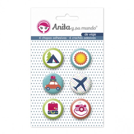 Pack 6 Chapas Adhesivas Colección De Viaje Anita y Su Mundo 25mm.