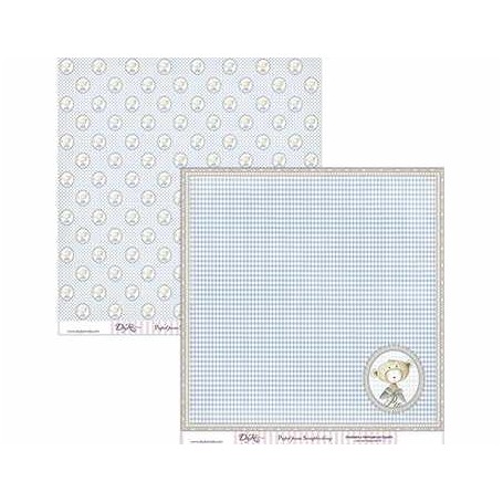 Papel scrapbooking Dayka "Cuadrados azules y osito" 30,5x31,5 cm