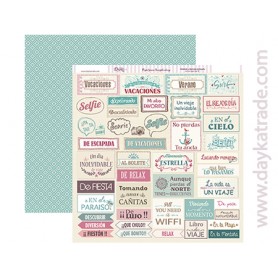 Papel scrapbooking Dayka "Texto vacaciones y viajes" 30,5x31,5 cm