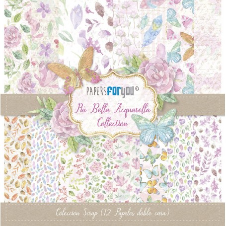 Coleccion Piu Bella Aquarella 12 papeles Scrapbooking 30x30cm dos caras