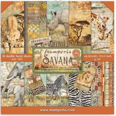 Colección Savana Stamperia 10 papeles Scrapbooking 30,5x30,5cm decorados a dos caras