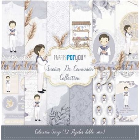 Colección 12 Pap Scrap 30x30 "Sueños de Comunión Niño Moreno"