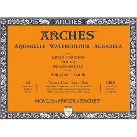 Arches Aquarelle 100% algodón Grueso300g Bloc Encolado 4L 23x31 cm.