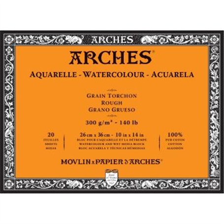 Arches Aquarelle 100% algodón Grueso300g Bloc Encolado 4L 26x36 cm.