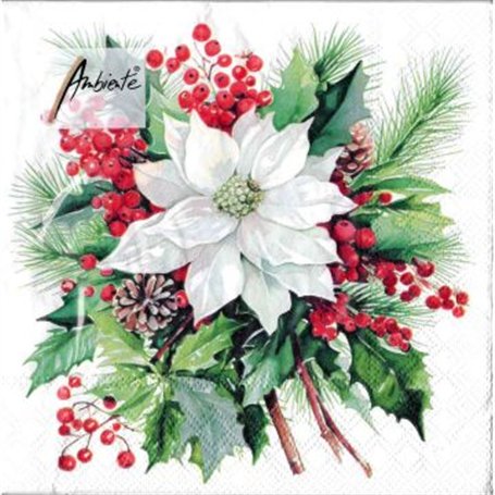 Servilleta impresa POINSETTIA BOUQUET WHITE 33x33cm