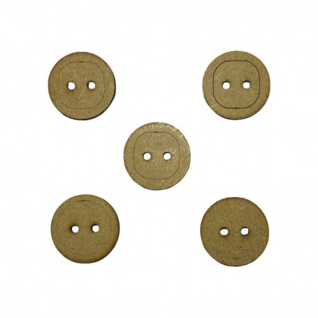 Pack de 5 botones circulares planos en madera MDF, diseño sencillo y atemporal con dos agujeros centrales.