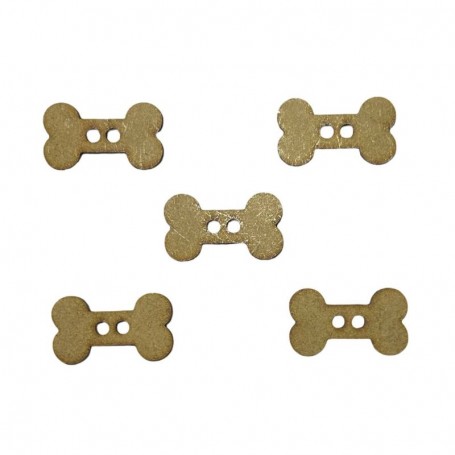 Pack de 5 botones de madera natural con silueta de hueso, pieza decorativa con dos perforaciones centrales.