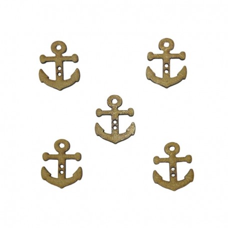 Pack de 5 botones náuticos de madera natural en forma de ancla para costura artesanal y DIY.