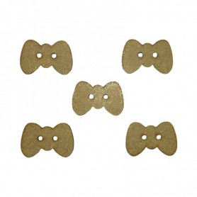 Pack de 5 botones de madera con silueta de moño o lazo, pieza de madera natural para aplicaciones creativas.