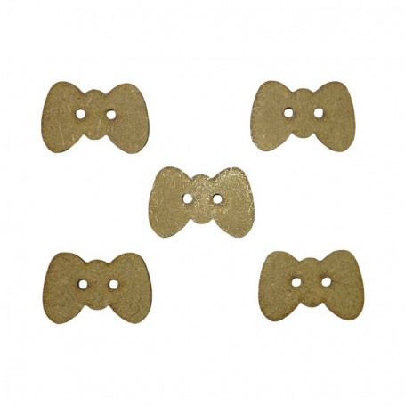Pack de 5 botones de madera con silueta de moño o lazo, pieza de madera natural para aplicaciones creativas.