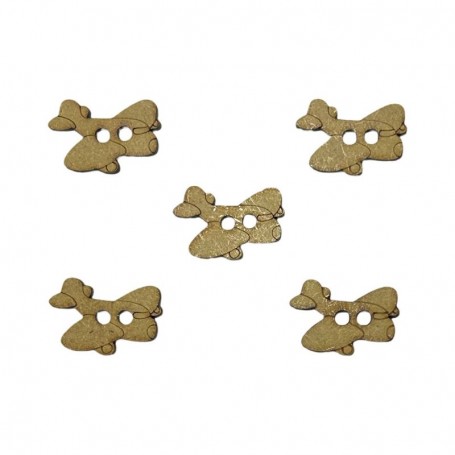 Pack de 5 botones de madera natural en forma de avión, con dos agujeros para costura y proyectos creativos.