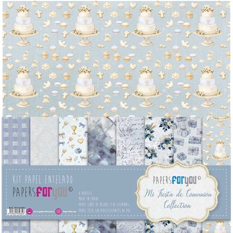 Kit 8 Papel Scrap Tela "Mi Fiesta de Comunión Niño" 125gr. 30x30cm