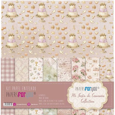 Kit 8 Papel Scrap Tela "Mi Fiesta de Comunión Niña" 125gr. 30x30cm