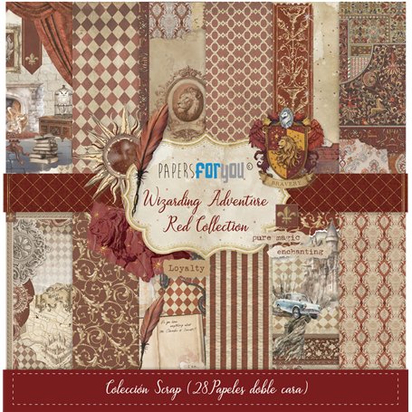 Kit 28 Papeles Scrap doble cara 180gr 8″x 8″ (Wizarding Adventure Red)