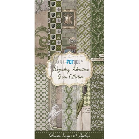 Colección 10 Papeles Scrap Una cara 180gr 6″x12″ (Wizarding Adventure Green)