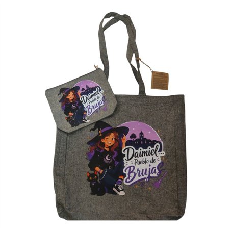 Conjunto Bolsa y Neceser algodón reciclado NEGRO "Pueblo de Brujas"