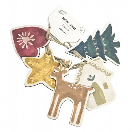 FOLKY XMAS tags 5pcs 6/5.3cm