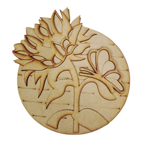 Silueta Circular de Girasol y Mariposa en Madera DM 20x23cm
