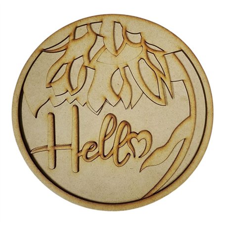 Silueta Circular Hello con Flores de Madera DM
